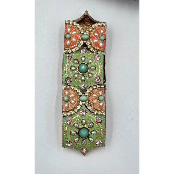 Vintage Enamel Panel Stretch Bracelet Mint Green Peach Costume Jewelry - Picture 8 of 8